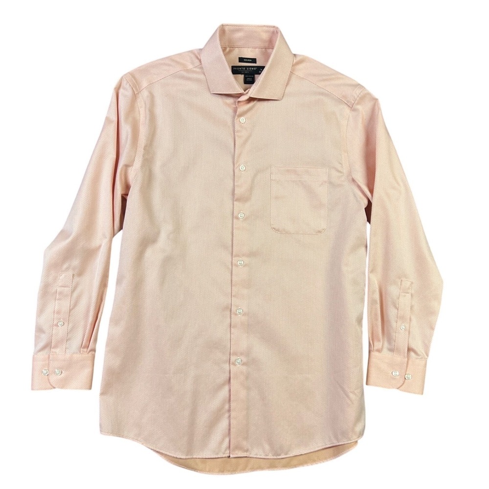Pronto Uomo Dress Shirt Men 16 32/33‎ Peach Textured Non-Iron Cotton Long Sleeve